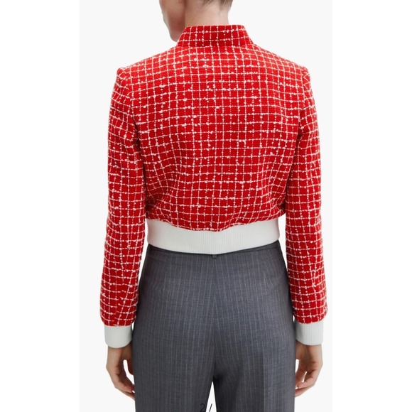 Mango Helena Red White Tweed Bomber Jacket Mock Neck Cropped XL NEW 57086010 - Picture 2 of 6